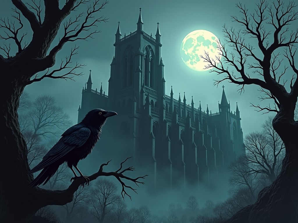 A gothic scene featuring a raven perched on a bare tree branch in front of a misty cathedral, under the light of a full moon.