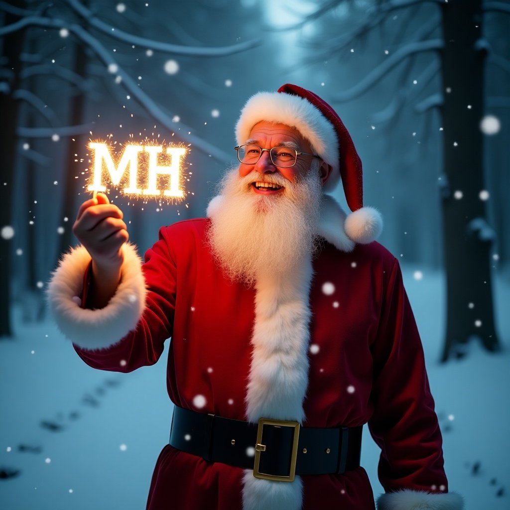 A magical Christmas scene captures Santa Claus in traditional red suit. He stands in a snowy forest. Soft glow illuminates the scene. In hand is a glow stick forming letters 'MH'. Light snowflakes fall, enhancing the festive atmosphere.