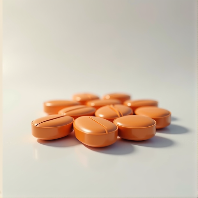 A group of shiny, orange, round tablets with a central groove, scattered on a reflective surface.