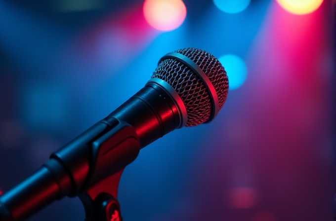 A microphone with colorful stage lights in the background, creating a vibrant and dynamic atmosphere.