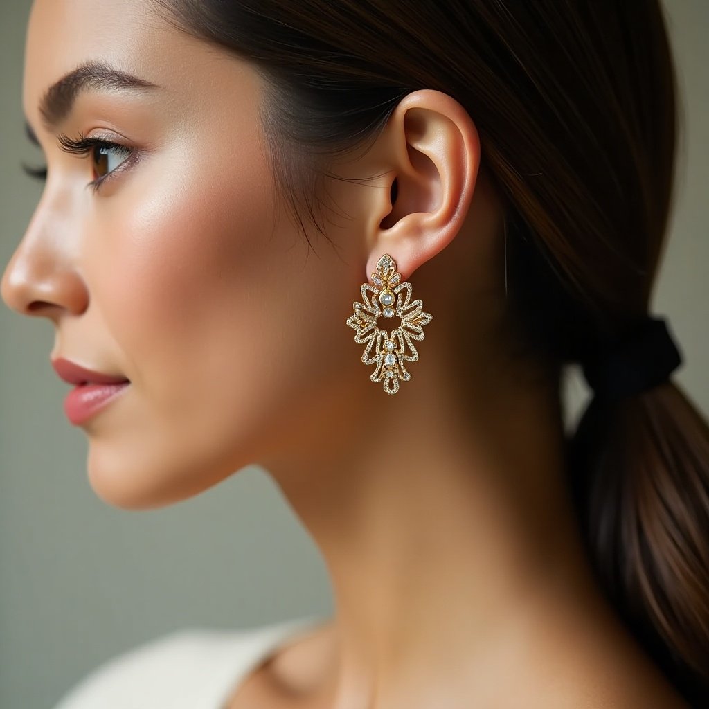 Model wearing elegant gold earrings in a side profile view. Natural and soft lighting enhances the look.