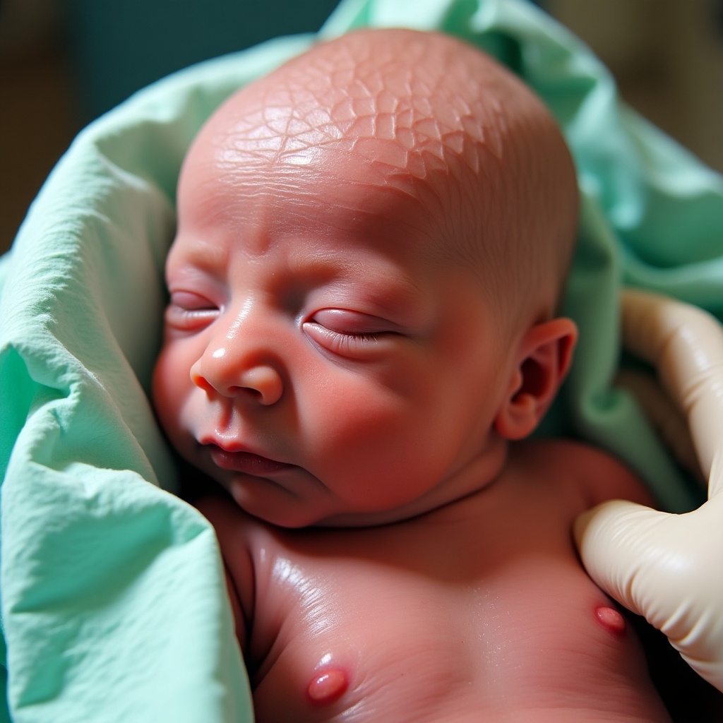 The image shows a newborn baby affected by harlequin ichthyosis. The baby has red, shiny skin covered in diamond-shaped scales, indicating a rare medical condition. Wrapped in green medical cloth, the baby is in a clinical environment. A gloved hand in the background suggests the presence of medical personnel. This condition requires specialized healthcare and attention. It highlights the need for awareness about rare skin disorders affecting newborns.