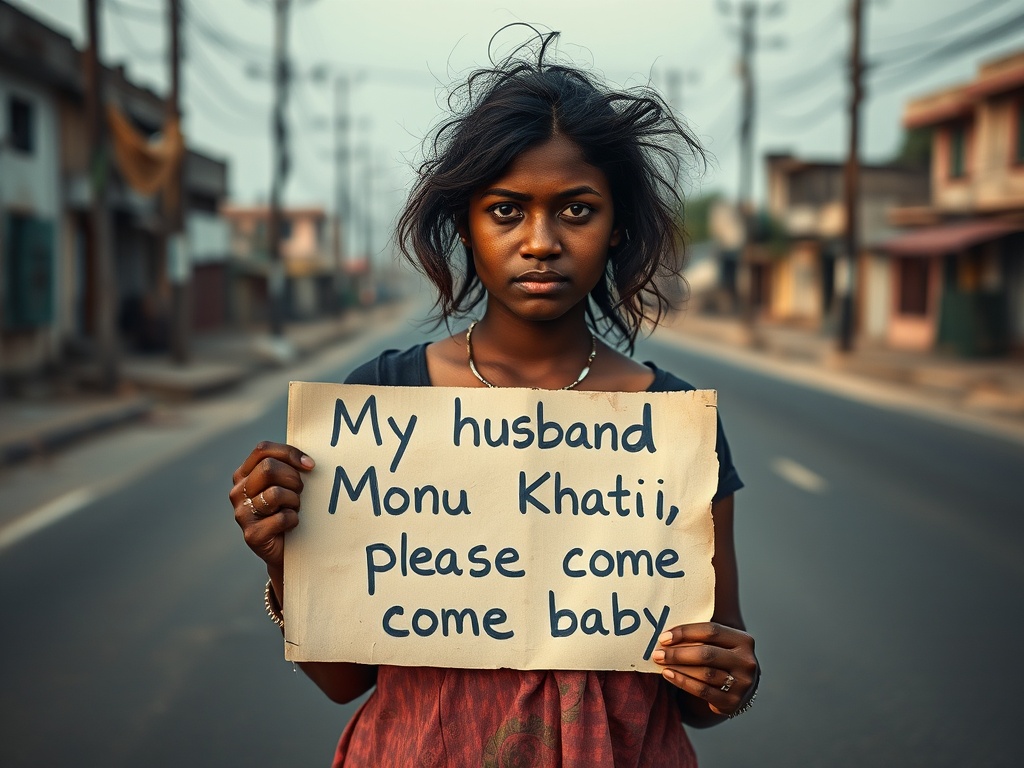 A woman stands on an empty road holding a sign with a heartfelt message.