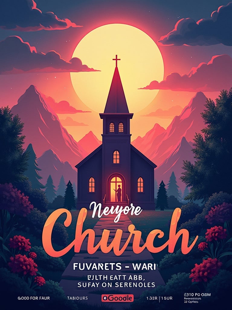 A church flyer designed with a theme of doing something new. The scene showcases a church with mountains and a large moon in the background. The colors are vibrant and inviting. It evokes a sense of hope and community.