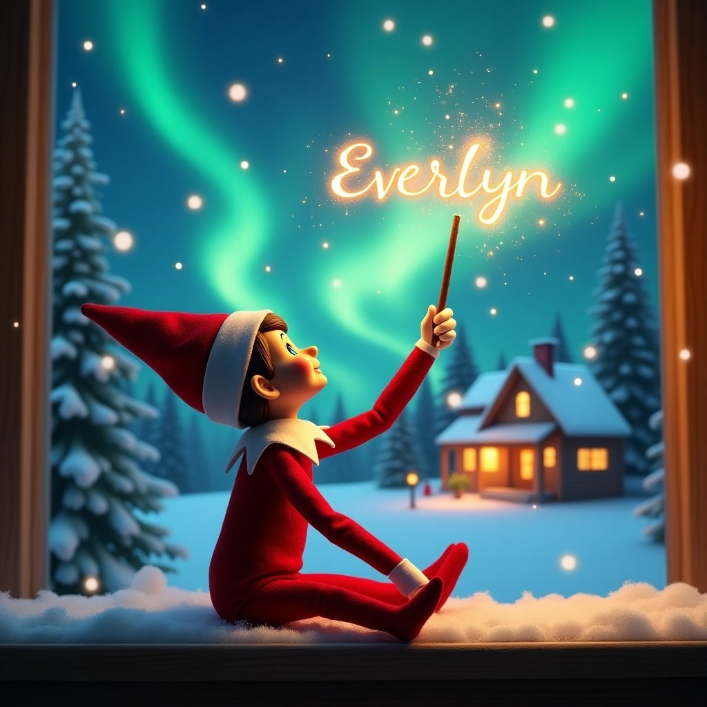 A girl elf on a shelf sits gazing skyward. It holds a glowing wand that emits sparkling light. The background showcases a charming Christmas scene with colorful northern lights. A cozy house can be seen, decorated for the holidays. Snow covers the ground, adding to the winter atmosphere. The elf is in a playful position, embodying magic and wonder associated with Christmas. The name ‘Everlyn’ is written in the air using the wand.