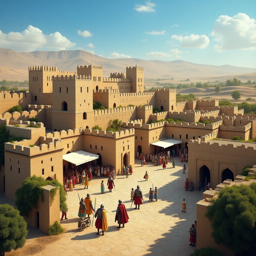 Detailed illustration of a medieval castle with a bustling marketplace. People in period-appropriate attire walking in a courtyard. Lush greenery surrounding the castle. Clear sky in the background.