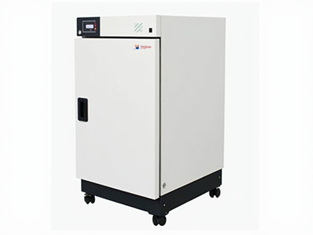 The image shows a laboratory freezer designed for storage purposes. It has a single door with a white exterior and black accents at the bottom. The freezer is mounted on wheels for easy movement, which adds to its functionality in a laboratory setting. The control panel is located at the top of the door for regulating temperature settings. The design is sleek and modern, making it suitable for professional environments like laboratories and medical facilities.