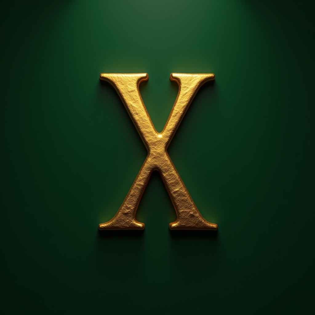 A golden letter X with textured detail set against a deep green background.