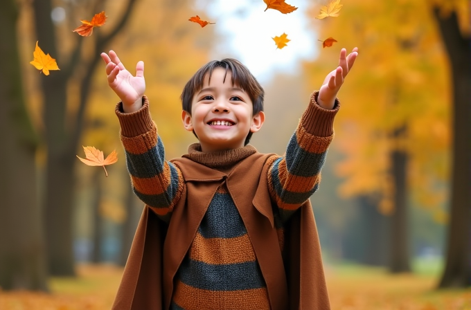 A young child happily throws colorful autumn leaves into the air in a park with trees full of fall foliage.