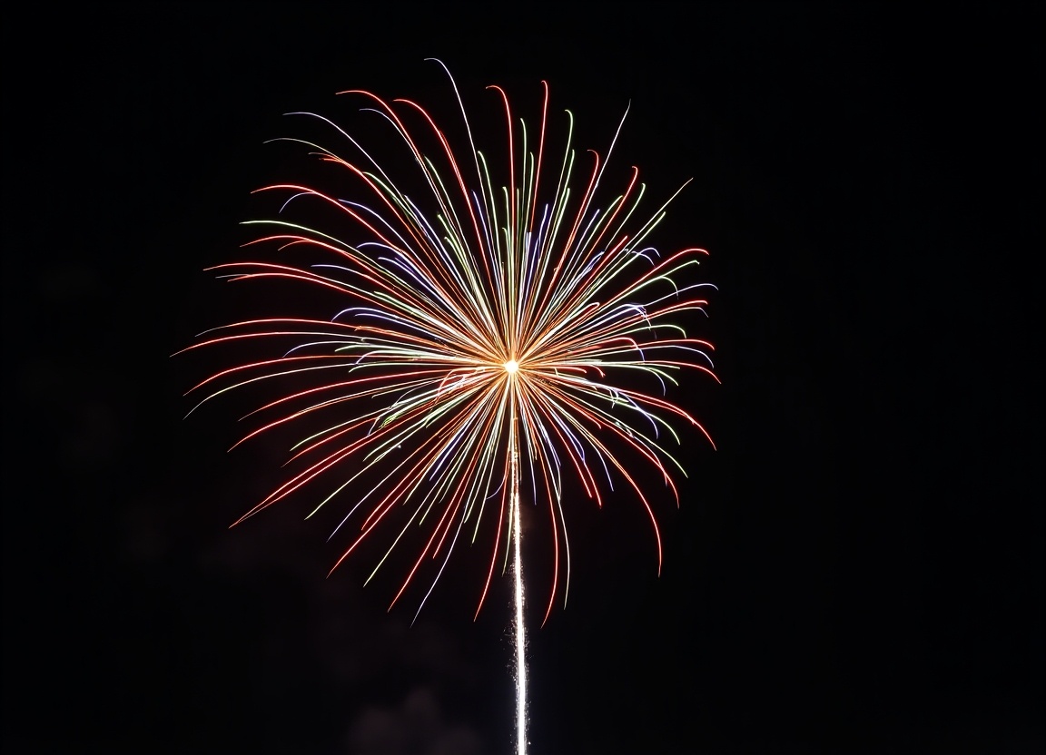 A vibrant, multi-colored firework explodes against a night sky, creating a stunning radial display. The firework showcases a burst of colors, including yellow, blue, red, green, and purple. The explosion creates a mesmerizing pattern that radiates outward from a central point. This breathtaking spectacle captivates viewers, evoking feelings of joy and celebration. It's a quintessential image representing festive occasions and joyous celebrations.