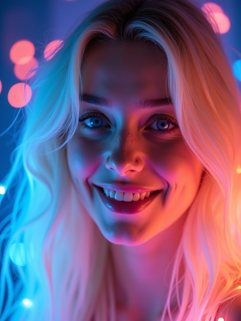 Beautiful Instagram model with bleach blonde hair and bright blue eyes. She is smiling and looking into the camera. An illuminated glow surrounds her with bioluminescent gradient light colors.