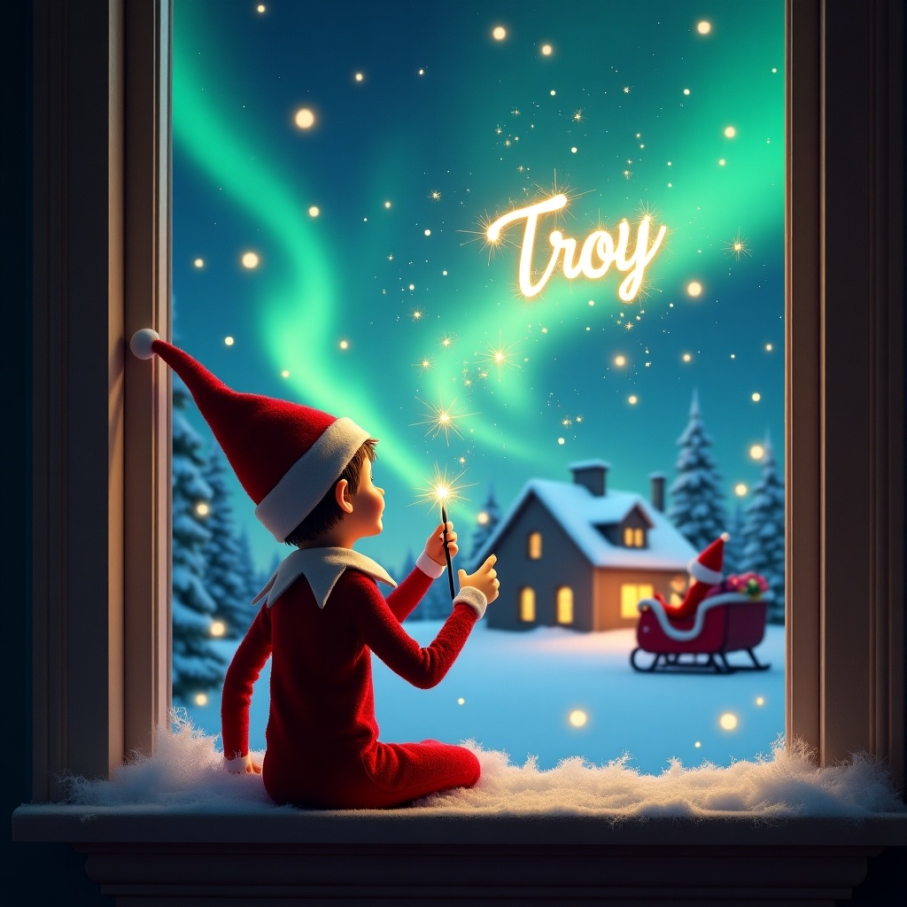 The image features an enchanting Christmas scene with an elf sitting on the window ledge, gazing at the colorful northern lights. The elf, dressed in a classic red outfit with a pointed hat, is writing the name 'Troy' in the starry sky with a magical wand. A cozy house is visible in the background, illuminated warmly, adding to the festive feel. Snow gently accumulates on the window sill, enhancing the winter wonderland atmosphere. This whimsical setting evokes a sense of holiday wonder and magic.