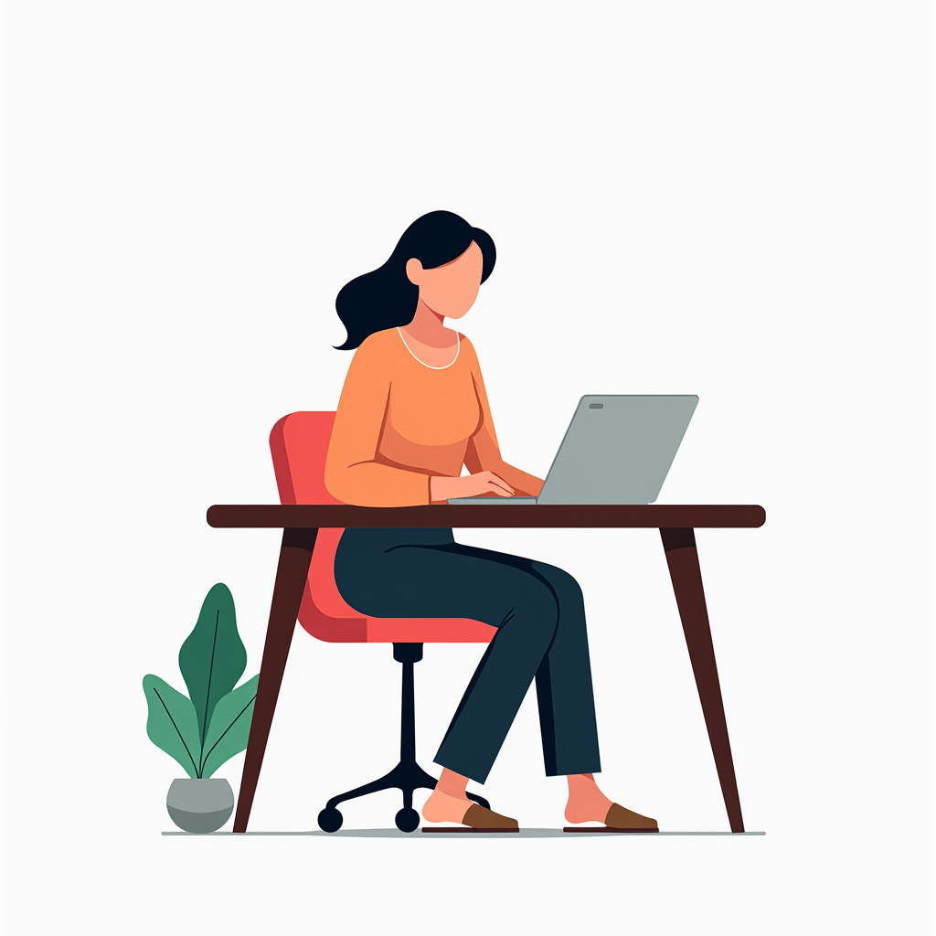 An illustrated person working on a laptop at a desk next to a potted plant.