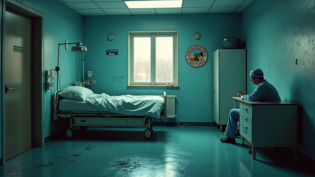 A solitary hospital room with a lone nurse sitting thoughtfully at a desk beside an unoccupied bed, all bathed in a cool teal light.