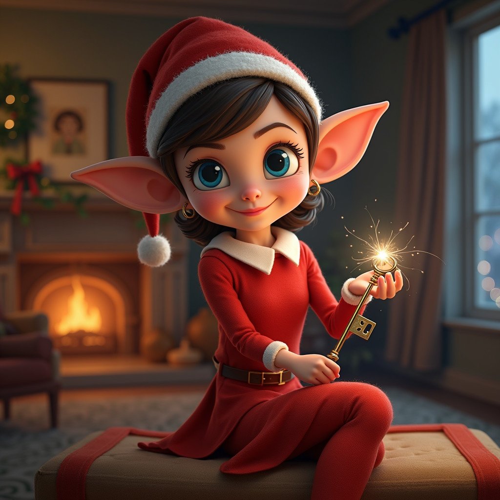 An elf on the shelf character is featured in a cozy Christmas living room. The elf has blue eyes and wears a red dress with a festive hat. The elf is holding a sparkling magical key. The background is a decorated living room with warm colors and holiday decor. The style showcases a blend of realism and stylization with vibrant colors and detailed textures.