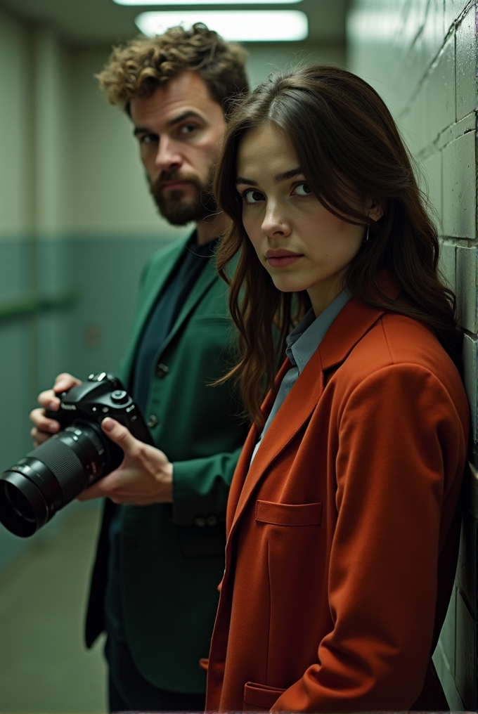 Two individuals in stylish outfits stand in a dimly lit hallway, one holding a camera with intrigue.