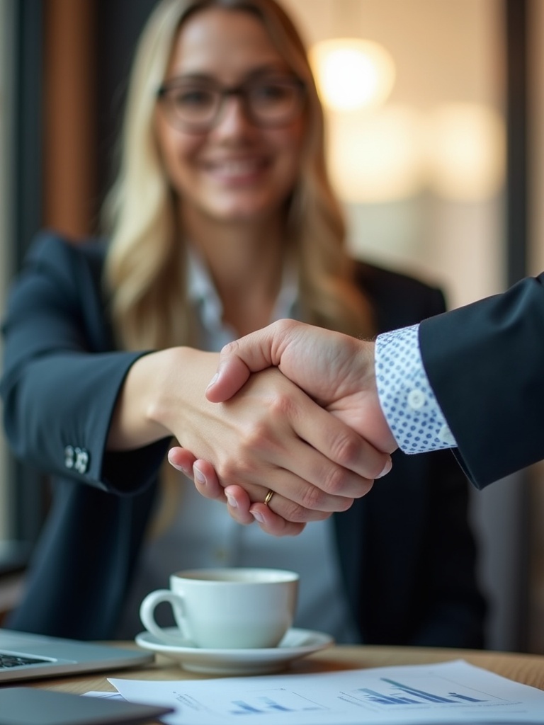 Professional handshake signifying a business deal. A sales representative and a client are shaking hands in an office setting. A coffee cup is placed on the table next to them with sales documents visible.