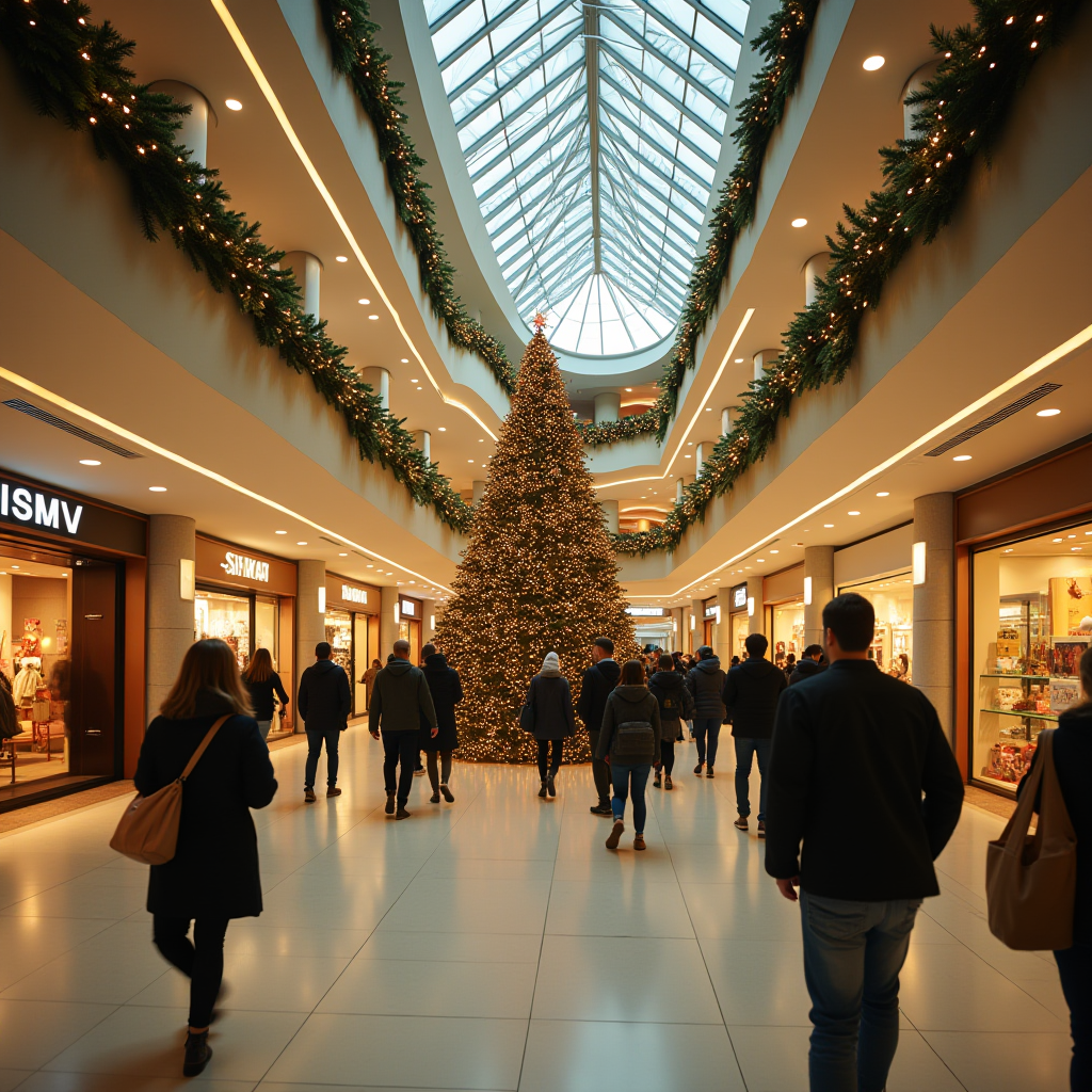 A bustling shopping mall adorned with festive decorations and a towering, illuminated Christmas tree.