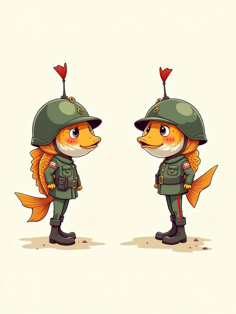 Cartoon army fish stand side by side. They wear green army uniforms and helmets. Fish look playful and colorful. Each fish has a distinct facial expression and attire. Background is simple with a light color.