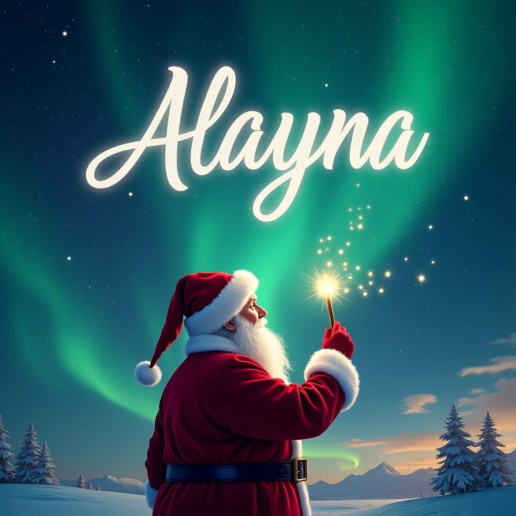 Santa facing the sky, holding a wand. Magical northern lights background. Name Alayna in elegant writing above.