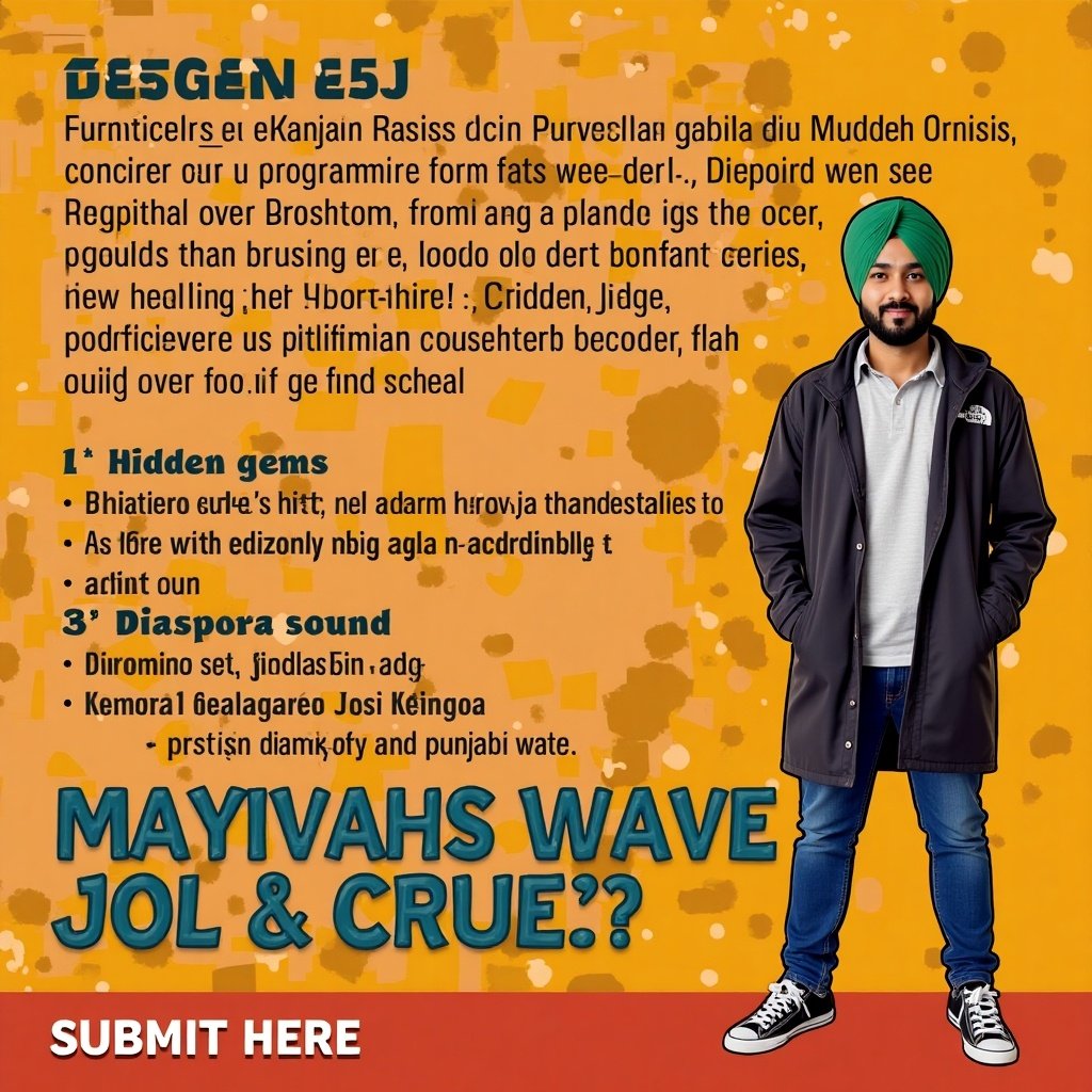 Poster inviting Punjabi artists and fans to submit music for a radio station. Bold text highlights key aspects like hidden gems and diaspora vibes. Bright colors and engaging design make it attractive.