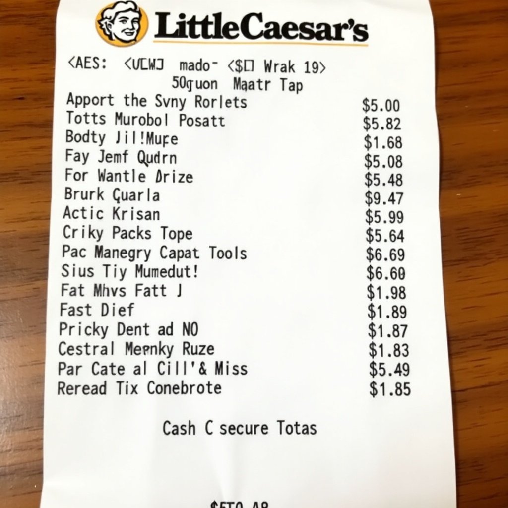 Little Caesars pizza receipt indicating cash payment. Total of $56.88 at a Detroit location on Grand River Ave. Includes various food and drink orders. Dated 12/10/2024.