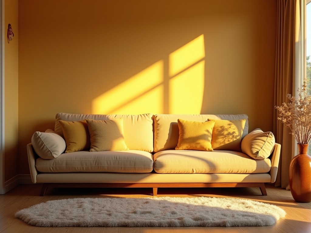 The image showcases a cozy living room with a yellow sofa. The walls are painted a warm yellow, enhancing the cheerful atmosphere. Sunlight streams in through the windows, casting soft shadows on the floor. The sofa is adorned with cushions in shades of yellow and cream, creating a harmonious look. A fluffy rug adds texture, while a potted plant in the corner complements the decor. This space is inviting, perfect for relaxation or gathering with friends.