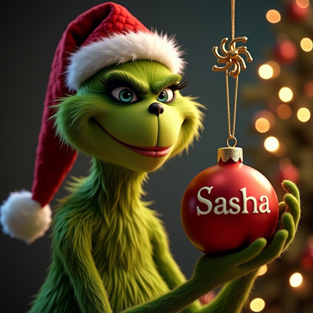 Grinch holding a red ornament with the name Sasha. Christmas setting with a tree in the background. Grinch with a Santa hat. Bright and colorful atmosphere.