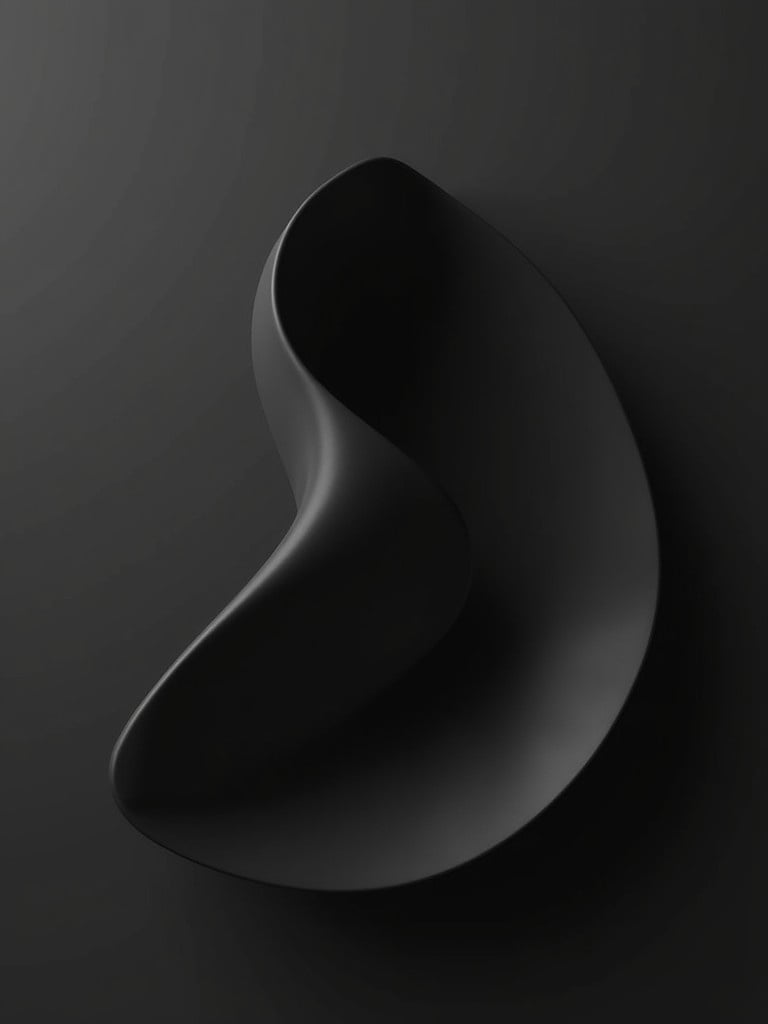 Curved black shape against a dark background. The shape has smooth lines and an elegant profile. The surface appears soft and fluid with subtle shadows. Ideal for design themes.