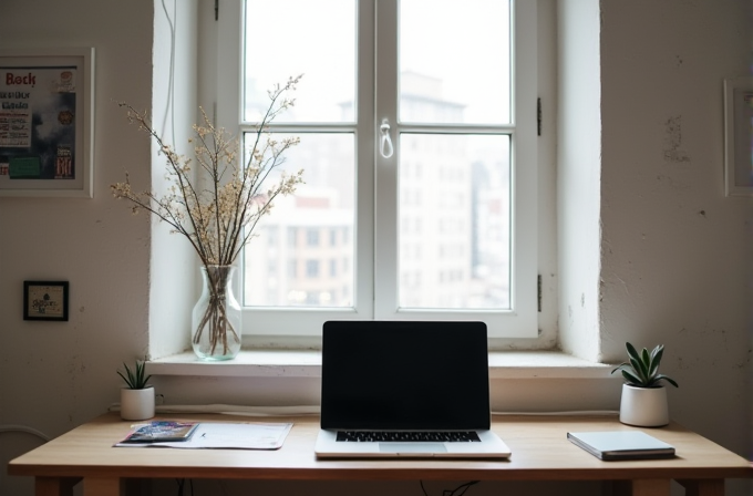 A neat desk with a laptop, small plants, and a vase of dried flowers, set against a bright window backdrop.