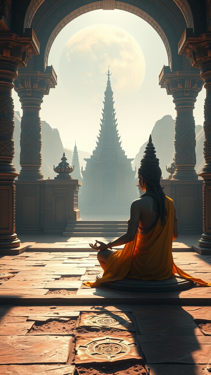 The image portrays a serene scene of a person meditating in a historic temple setting. The architecture features elaborately carved columns and an archway, framing the view of a towering pagoda. In the background, a large, luminous moon hovers over the landscape, enhancing the mystical ambiance.