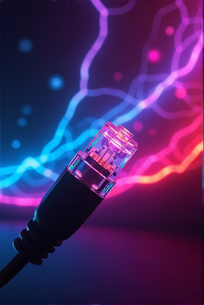 A glowing network cable with vibrant neon lights in the background, showcasing a futuristic digital connection theme.