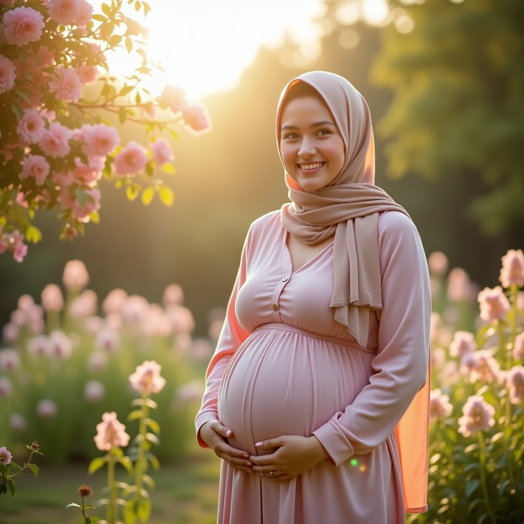 The image depicts a pregnant woman wearing a hijab, standing in a lush garden filled with pink flowers. She is smiling gently, holding her baby bump with grace. The soft sunlight creates a warm, inviting glow around her, enhancing the beauty of the scene. The woman is dressed in a light pink outfit that complements her serene expression. This moment captures the essence of motherhood and cultural beauty, embodying joy and anticipation in a soothing natural setting.