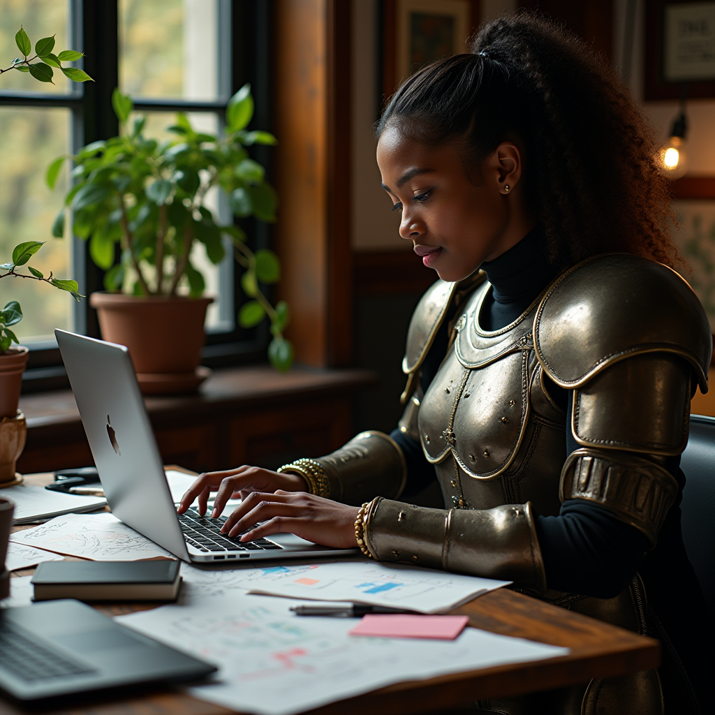 The image features a young woman in an intriguing blend of medieval and modern attire, creating an artistic juxtaposition. She is seated at a wooden desk in a cozy, naturally lit room, indicating a productive workspace vibe. Her outfit includes a shiny, well-crafted suit of armor, with defined pieces covering her shoulders, arms, and chest. Despite the armor, she is working on a sleek laptop, surrounded by sheets of paper with colorful graphs and sketches, suggesting she is engaged in some analytical or creative work.

The room has a warm and inviting atmosphere, accentuated by the potted plants on the windowsill, which add a touch of nature. The window is large and allows sunlight to stream in, casting soft shadows. The lighting in the room is further enhanced by a hanging light bulb visible in the background.

Overall, the image captures a unique blend of historical and contemporary elements, symbolizing perhaps the merging of old and new worlds, or the strength and innovation of the modern woman.