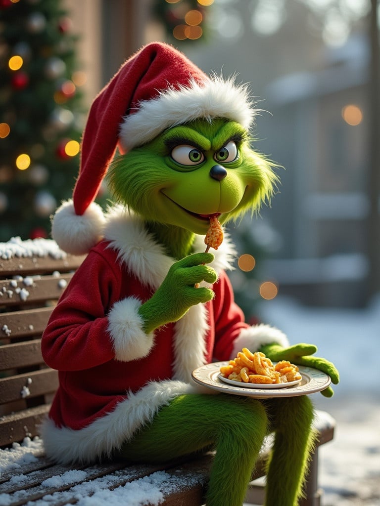 Grinch character wearing a red and white Santa outfit. Sitting on a wooden bench. Outside with snowy background. Eating food from a plate. Christmas tree visible in the background. Warm festive atmosphere.