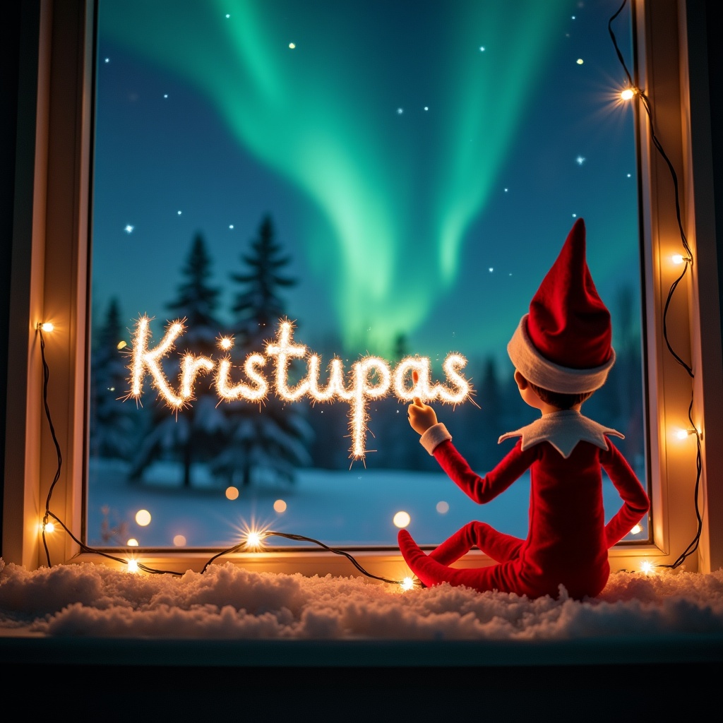 This image features a whimsical elf on the shelf sitting comfortably on a windowsill, creating a festive and cozy atmosphere. The elf, dressed in a vibrant red outfit and a Santa hat, is facing a magical night sky filled with stunning northern lights. With a playful spirit, the elf is writing the name 'Kristupas' in sparkling light, adding to the enchanting holiday theme. Soft, twinkling lights decorate the window, enhancing the magic of the scene. This captures the essence of a whimsical holiday moment, evoking feelings of wonder and jubilation.