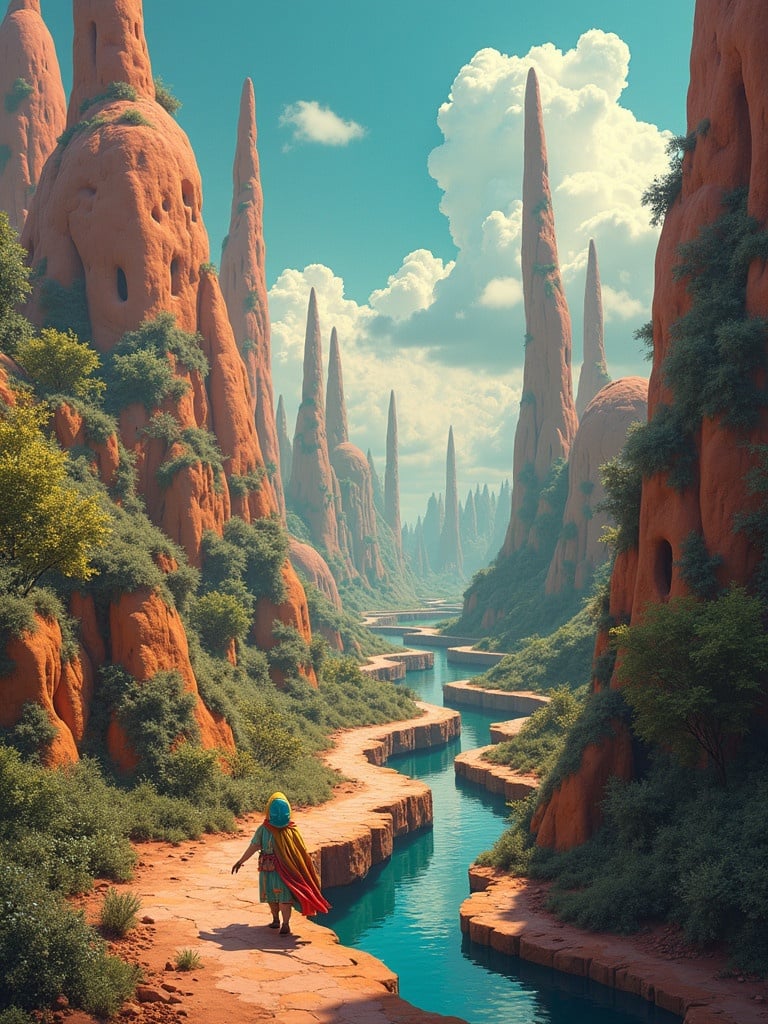 Surreal landscape filled with towering red formations and a flowing river. A figure in colorful clothing walks toward the viewer against the backdrop of majestic peaks and fluffy clouds. High-quality digital artwork with intricate details. Masterpiece in the style of surreal artists.