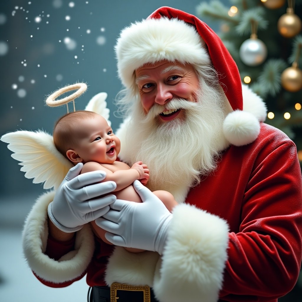 The image depicts a cheerful Santa Claus joyfully holding a baby with angelic wings and a halo. The Santa, dressed in his traditional red suit adorned with white fur, smiles widely, exuding warmth and joy. The baby, giggling with delight, is cradled lovingly in Santa's arms. Background features soft, blurred holiday decorations and a Christmas tree adorned with ornaments. Snow gently falls in the scene, enhancing the magical, festive atmosphere, making it perfect for holiday themes and promotions.