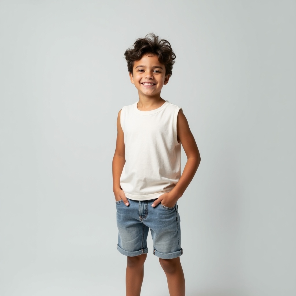 Image features a young boy standing upright against a light gray background. He wears white underwear. Lighting is soft and even. Boy's pose is confident and relaxed.