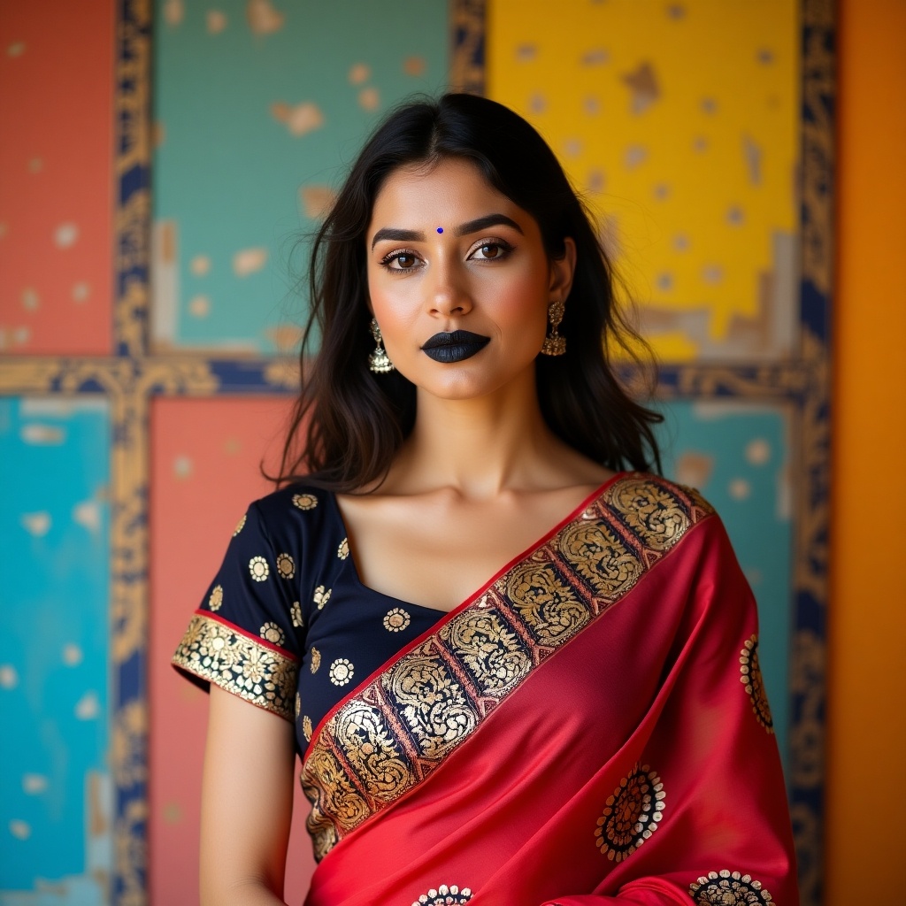 The image features an Indian woman wearing a traditional saree. She has a fashionable look with bold black lipstick that adds to her striking appearance. The saree is a blend of red and black colors, adorned with intricate patterns. The background showcases colorful walls that enhance the cultural vibe of the image. Her confident pose and elegant jewelry highlight the beauty of Indian fashion.