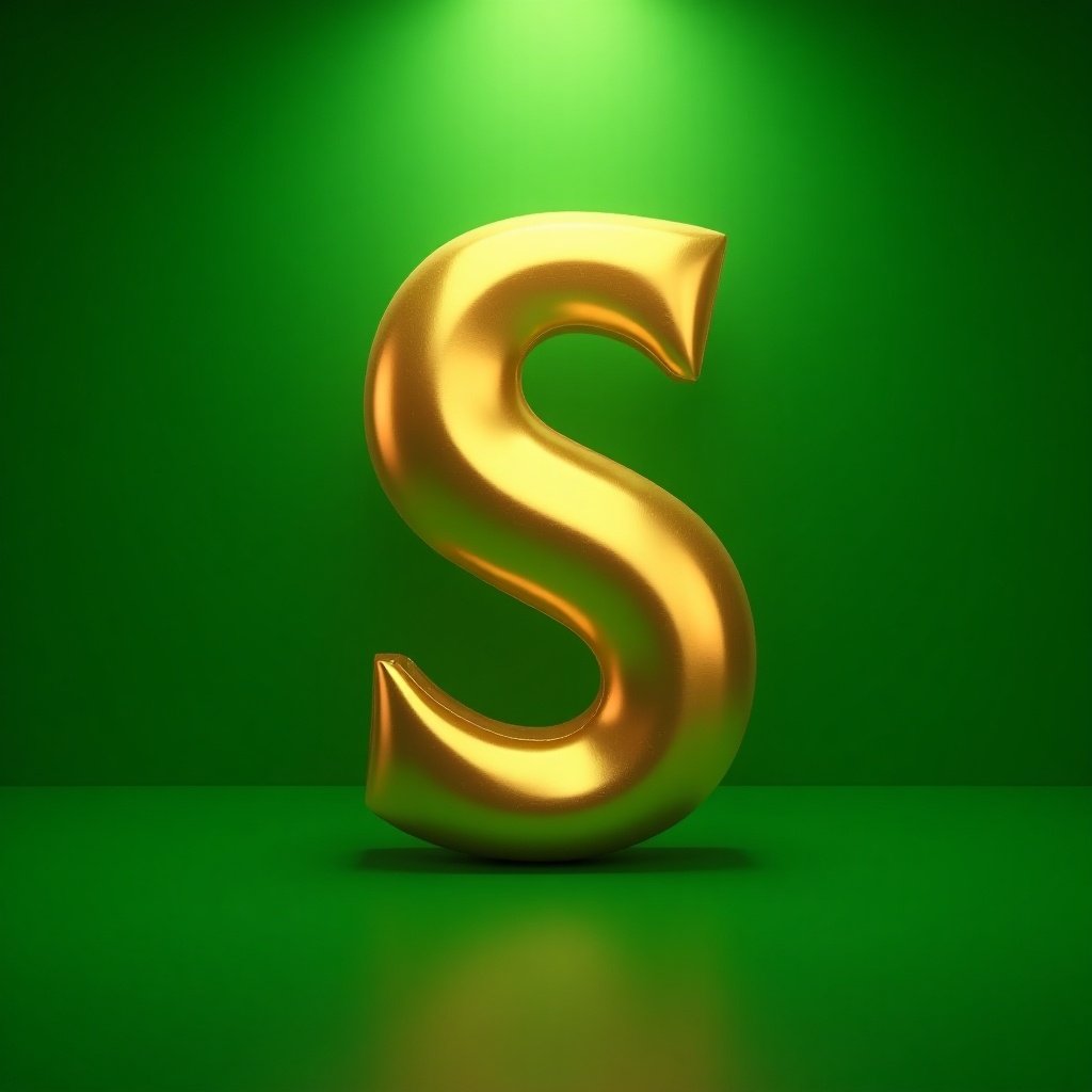 Letter S in gold color against a bright green background. Letter illuminated by a spotlight. Creates a 3D effect. Focus on clarity and visibility. Ideal for branding.