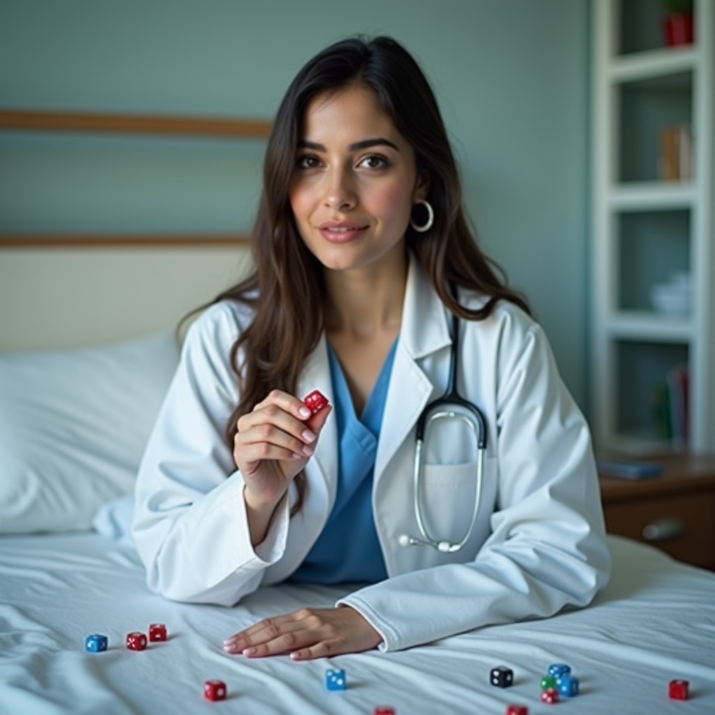 A female doctor in a white coat holding a die, symbolizing medical decision-making, hospital setting.