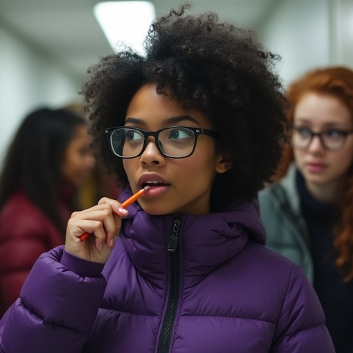 Cinematic shot of college students in hallway. Curly black-haired female with glasses wearing purple puffer jacket. Biting pencil. Friends in background.