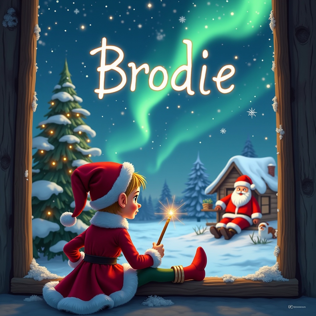 This image features a charming Christmas scene. An adorable elf, dressed in festive colors, is seated by a window. The elf is holding a wand, and with its back facing us, it's writing the name 'Brodie' in the night sky. Outside, a beautiful winter landscape is illuminated by sparkling northern lights. In the background, Santa Claus is joyfully watching over the scene. The atmosphere is magical, filled with the essence of the holiday spirit.