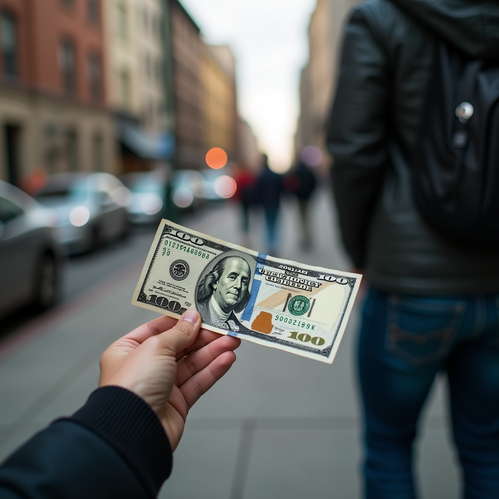 A hand holds a $100 bill in a bustling urban street scene.