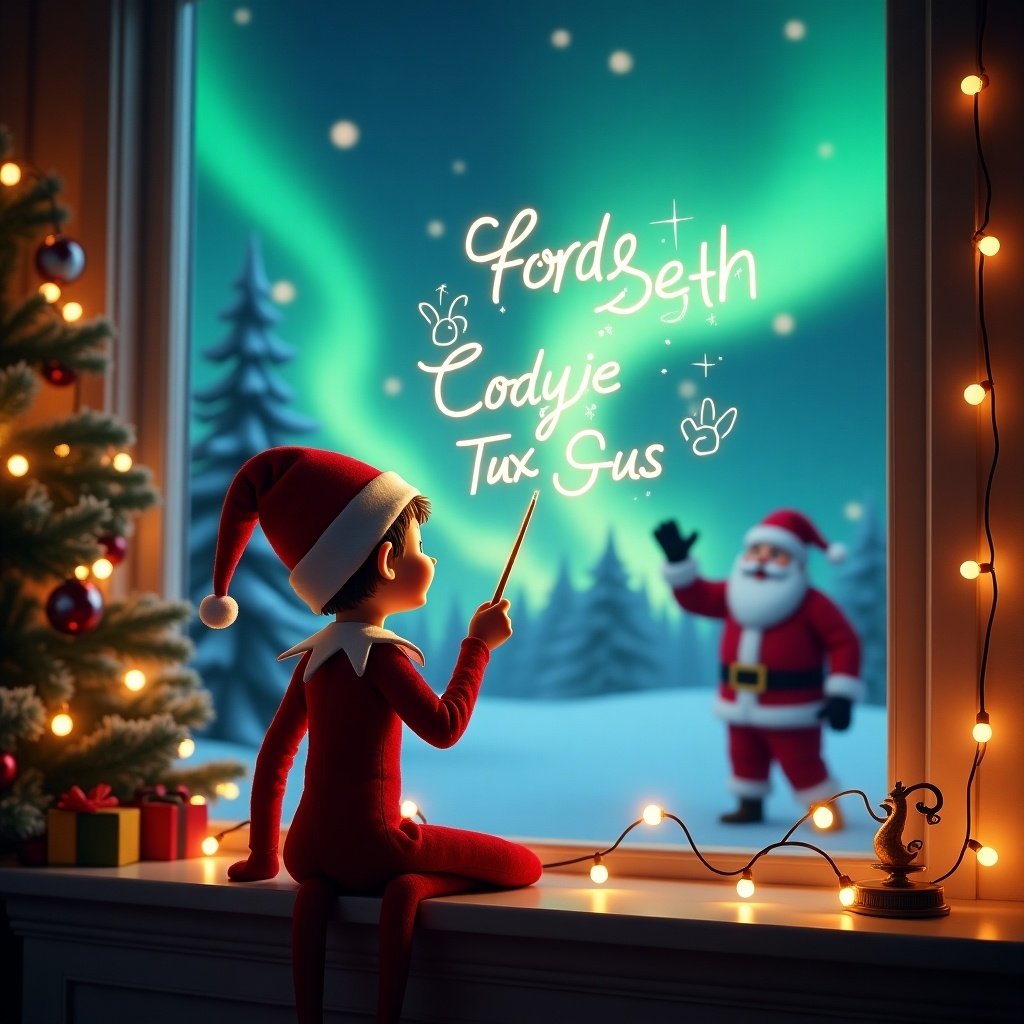 Enchanting Christmas scene with an elf on the shelf facing the sky. The elf dressed in red and white using a magic wand. The elf inscribes names in glowing script. Vibrant northern lights in the backdrop. Santa Claus is joyfully appearing in the background. Cozy room adorned with twinkling lights. Heartwarming holiday atmosphere.