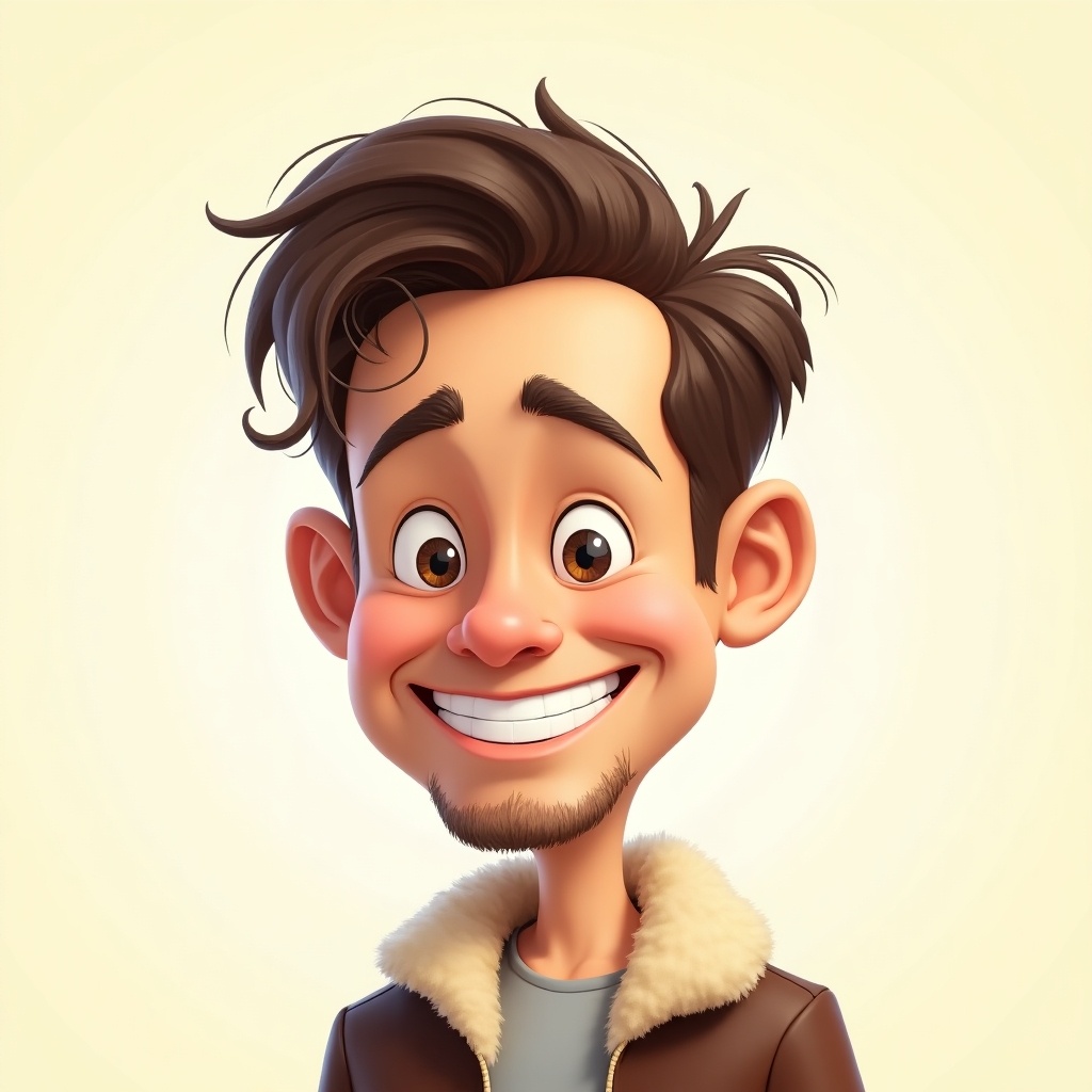 Cartoon-style caricature of a man with playful expression. Exaggerated facial features with big smile. Wavy hair styled lightheartedly. Wears casual jacket with cozy collar. Background is soft light color enhancing fun vibe.