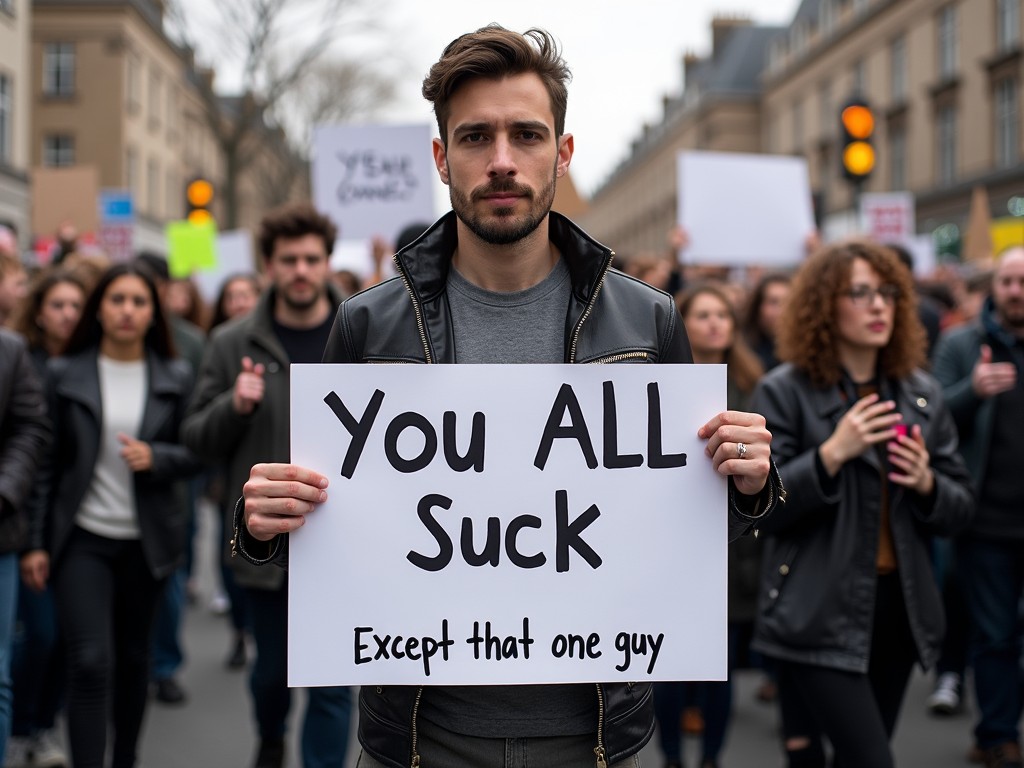 The image depicts a protest scene with a diverse crowd marching forward. A man stands prominently at the forefront, holding a large sign that reads 'You ALL Suck Except that one guy.' His expression is serious yet slightly humorous. The crowd behind him appears engaged and determined. Various different signs are visible in the background, indicating a range of opinions and messages. The overall atmosphere captures a moment of collective emotion and activism. The setting is urban, with buildings lining the street, contributing to a community response to a larger issue.