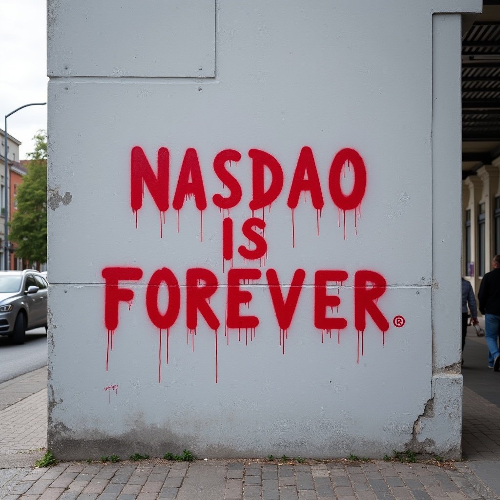 Red spray paint writing on light grey wall in city area. Message reads 'NASDAO IS FOREVER'. Urban setting with people and cars visible.