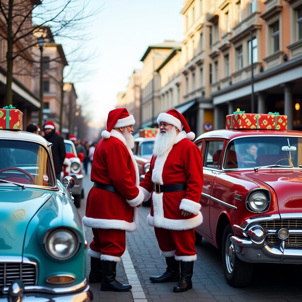 Festive street scene with two Santa Claus figures engaging near classic cars. Cars decorated with colorful wrapped gifts. Holiday decorations create an inviting atmosphere. Historic building in background adds charm. People enjoying celebration. Clear sky enhances pleasant ambiance.